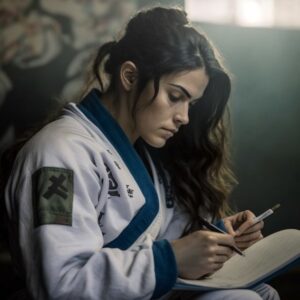 A woman taking notes to learn from a BJJ instructional (imagined by Midjourney)